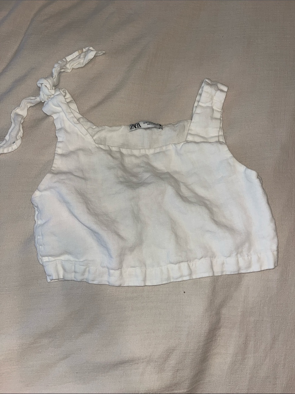 ZARA Cream Linen Tie-Shoulder Cropped Tank Top